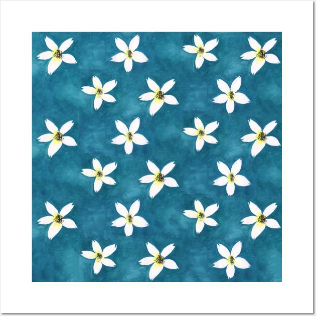 Watercolor jasmine flower on blue Wall Art by Artisy Artist 